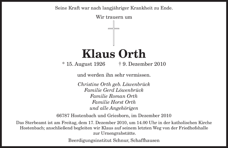  Traueranzeige für Klaus Orth vom 15.12.2010 aus SAARBRÜCKER ZEITUNG