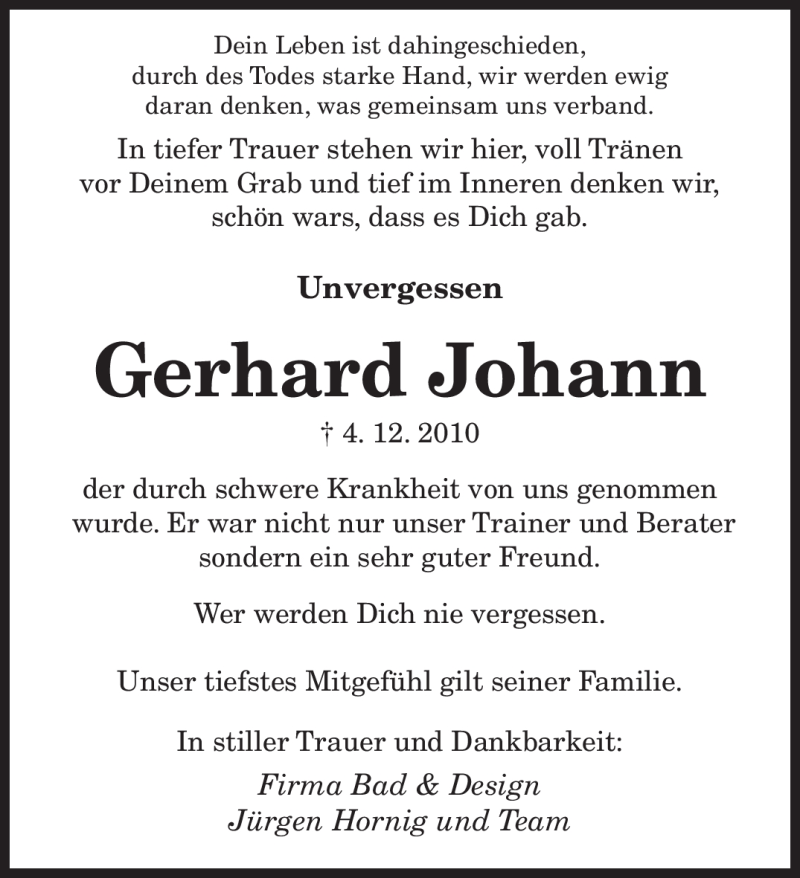  Traueranzeige für Gerhard Johann vom 08.12.2010 aus SAARBRÜCKER ZEITUNG
