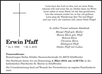 Traueranzeige von Erwin Pfaff von SAARBRÜCKER ZEITUNG