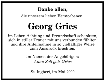 Traueranzeige von Georg Gries von SAARBRÜCKER ZEITUNG