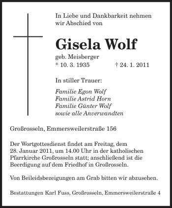 Traueranzeige von Gisela Wolf von SAARBRÜCKER ZEITUNG