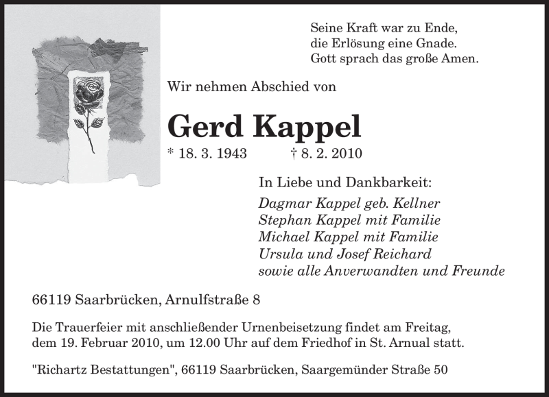  Traueranzeige für Gerd Kappel vom 13.02.2010 aus SAARBRÜCKER ZEITUNG