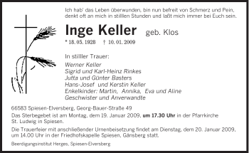 Traueranzeige von Inge Keller von SAARBRÜCKER ZEITUNG