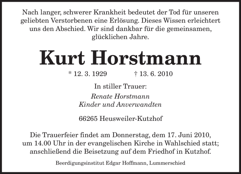  Traueranzeige für Kurt Horstmann vom 15.06.2010 aus SAARBRÜCKER ZEITUNG