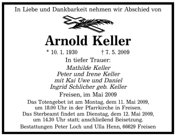 Traueranzeige von Arnold Keller von SAARBRÜCKER ZEITUNG