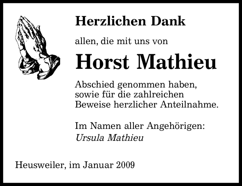  Traueranzeige für Horst Mathieu vom 17.01.2009 aus SAARBRÜCKER ZEITUNG