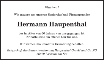 Traueranzeige von Hermann Haupenthal von SAARBRÜCKER ZEITUNG