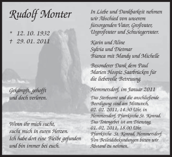 Traueranzeige von Rudolf Monter von SAARBRÜCKER ZEITUNG