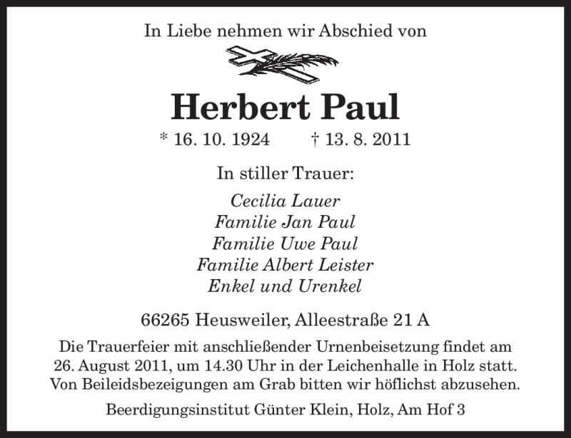  Traueranzeige für Herbert Paul vom 24.08.2011 aus SAARBRÜCKER ZEITUNG