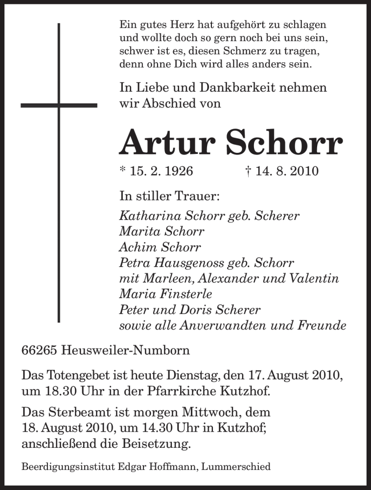  Traueranzeige für Artur Schorr vom 17.08.2010 aus SAARBRÜCKER ZEITUNG