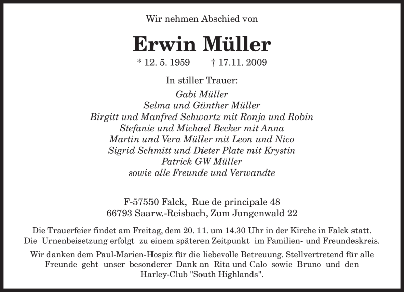  Traueranzeige für Erwin Müller vom 19.11.2009 aus SAARBRÜCKER ZEITUNG