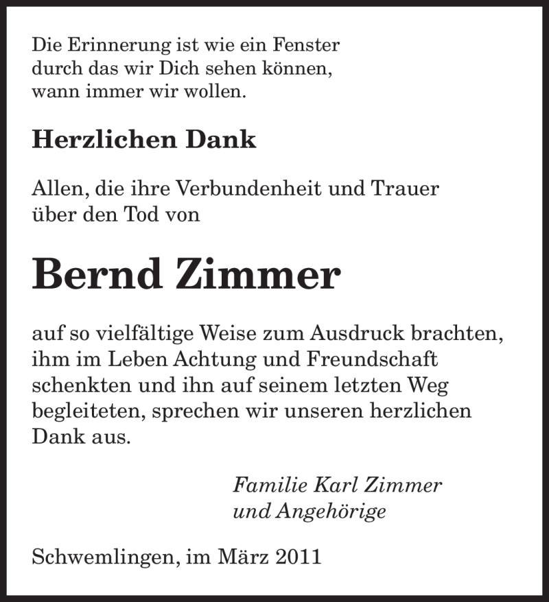  Traueranzeige für Bernd Zimmer vom 19.03.2011 aus SAARBRÜCKER ZEITUNG