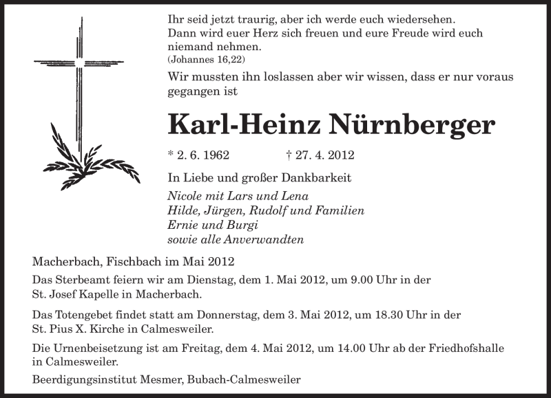  Traueranzeige für Karl-Heinz Nürnberger vom 30.04.2012 aus SAARBRÜCKER ZEITUNG