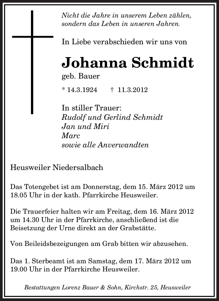  Traueranzeige für Johanna Schmidt vom 14.03.2012 aus SAARBRÜCKER ZEITUNG
