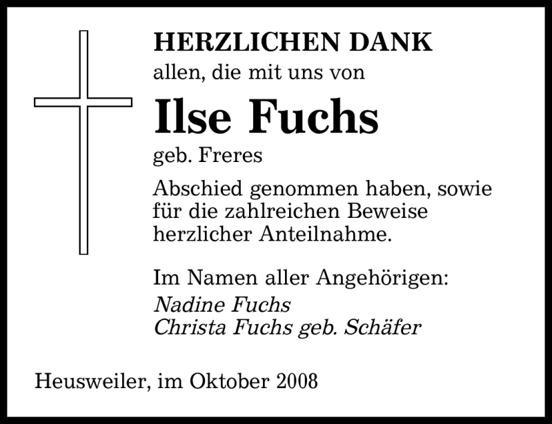 Traueranzeige für Ilse Fuchs vom 04.10.2008 aus SAARBRÜCKER ZEITUNG