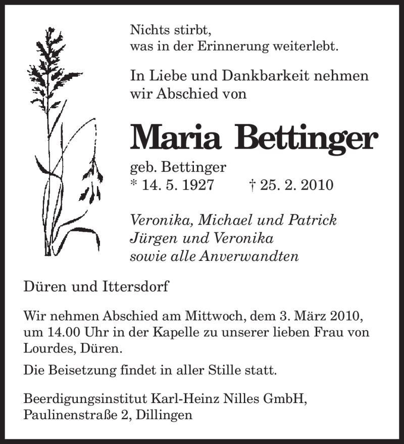  Traueranzeige für Maria Bettinger vom 01.03.2010 aus SAARBRÜCKER ZEITUNG