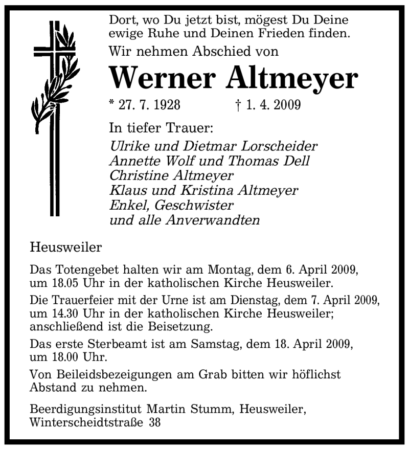  Traueranzeige für Werner Altmeyer vom 06.04.2009 aus SAARBRÜCKER ZEITUNG