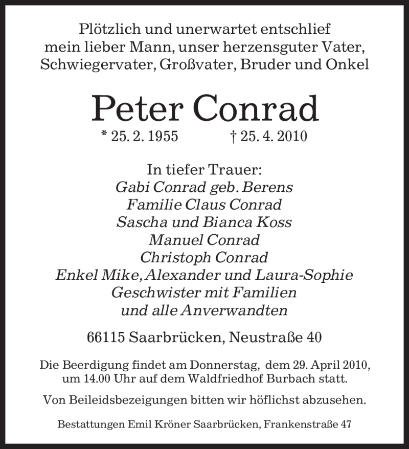  Traueranzeige für Peter Conrad vom 27.04.2010 aus SAARBRÜCKER ZEITUNG