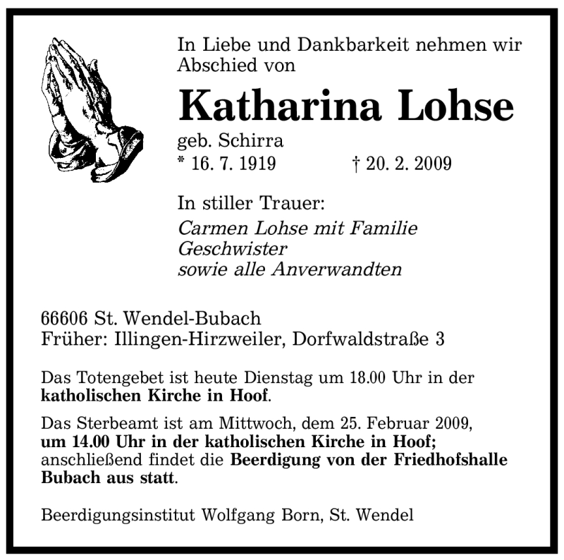  Traueranzeige für Katharina Lohse vom 24.02.2009 aus SAARBRÜCKER ZEITUNG