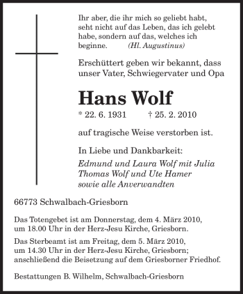 Traueranzeige von Hans Wolf von SAARBRÜCKER ZEITUNG