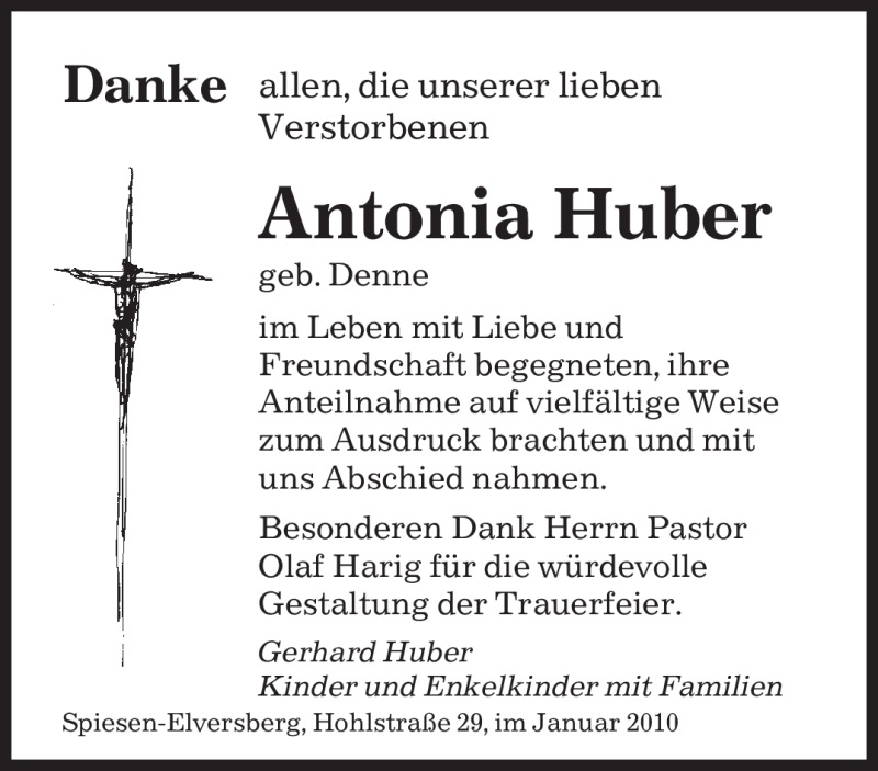  Traueranzeige für Antonia Huber vom 22.01.2010 aus SAARBRÜCKER ZEITUNG