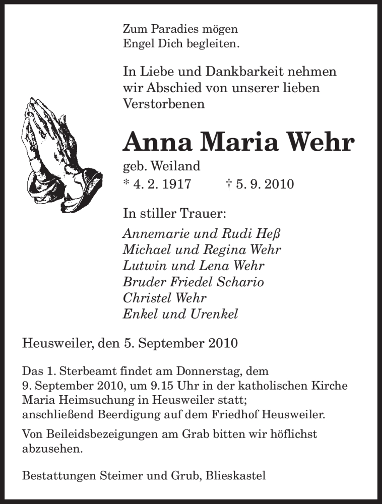 Traueranzeige für Anna Maria Wehr vom 07.09.2010 aus SAARBRÜCKER ZEITUNG