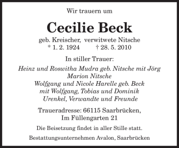 Traueranzeige von Cecilie Beck von SAARBRÜCKER ZEITUNG