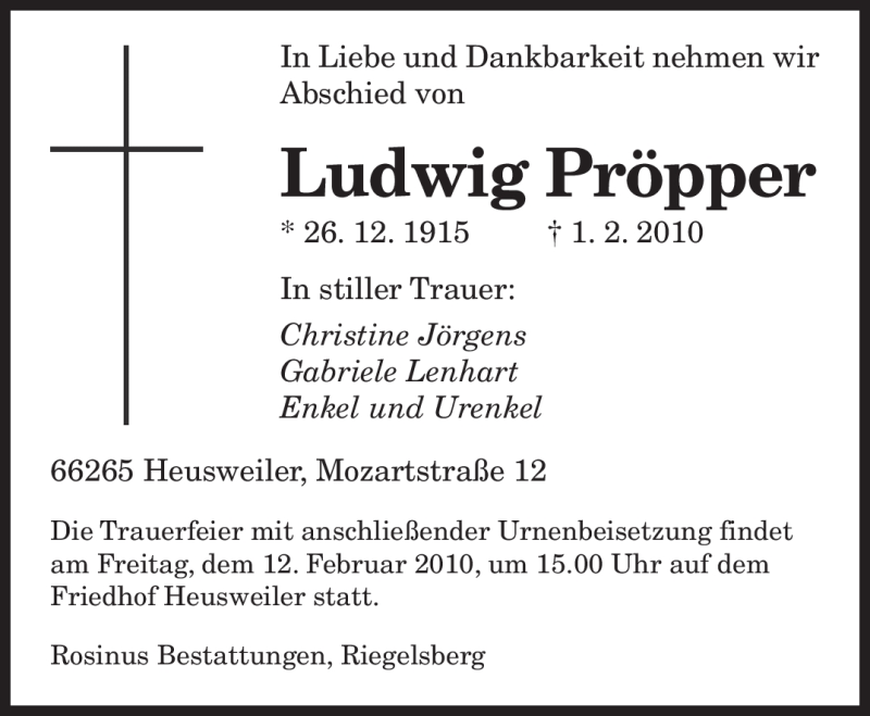  Traueranzeige für Ludwig Pröpper vom 09.02.2010 aus SAARBRÜCKER ZEITUNG