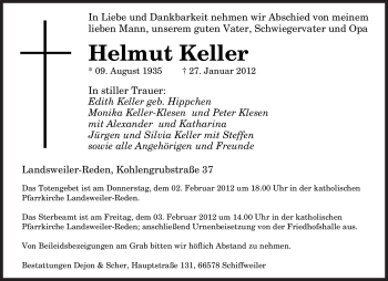 Traueranzeige von Helmut Keller von SAARBRÜCKER ZEITUNG