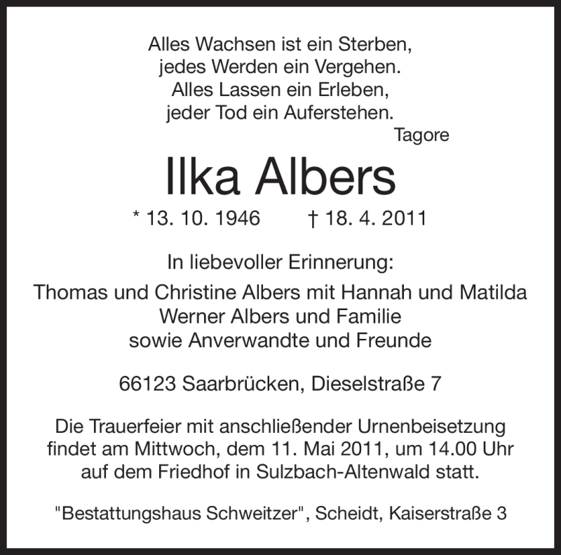  Traueranzeige für Ilka Albers vom 07.05.2011 aus SAARBRÜCKER ZEITUNG