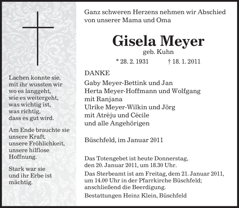  Traueranzeige für Gisela Meyer vom 20.01.2011 aus SAARBRÜCKER ZEITUNG