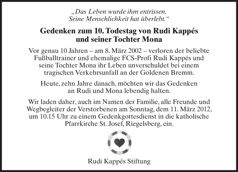  Traueranzeige für Rudi Kappés vom 08.03.2012 aus SAARBRÜCKER ZEITUNG