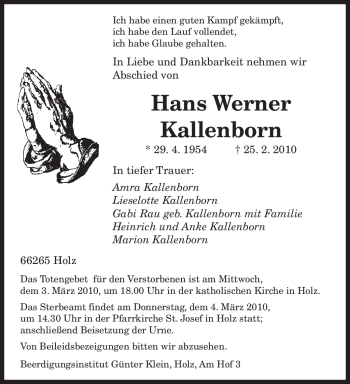 Traueranzeige von Hans Werner Kallenborn von SAARBRÜCKER ZEITUNG