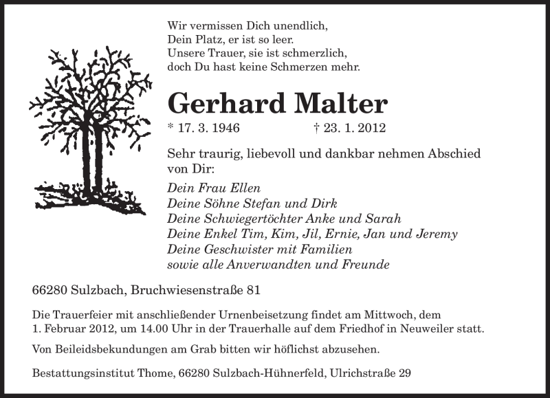  Traueranzeige für Gerhard Malter vom 28.01.2012 aus SAARBRÜCKER ZEITUNG