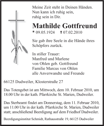 Traueranzeige von Mathilde Gottfreund von SAARBRÜCKER ZEITUNG