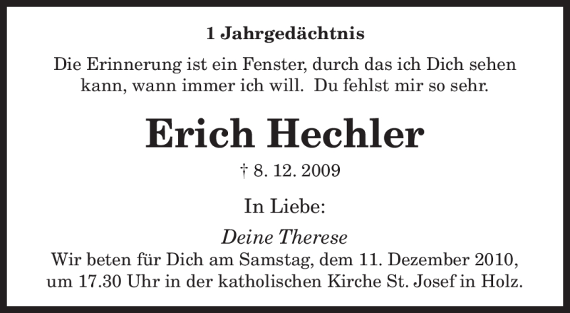  Traueranzeige für Erich Hechler vom 08.12.2010 aus SAARBRÜCKER ZEITUNG