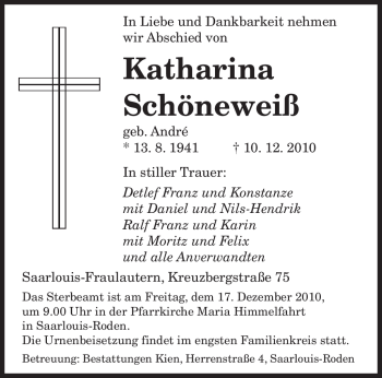 Traueranzeige von Katharina Schöneweiß von SAARBRÜCKER ZEITUNG