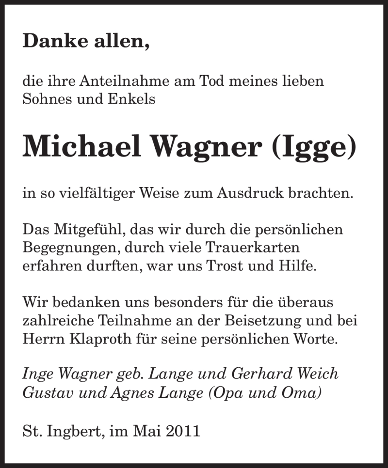  Traueranzeige für Michael Wagner vom 28.05.2011 aus SAARBRÜCKER ZEITUNG