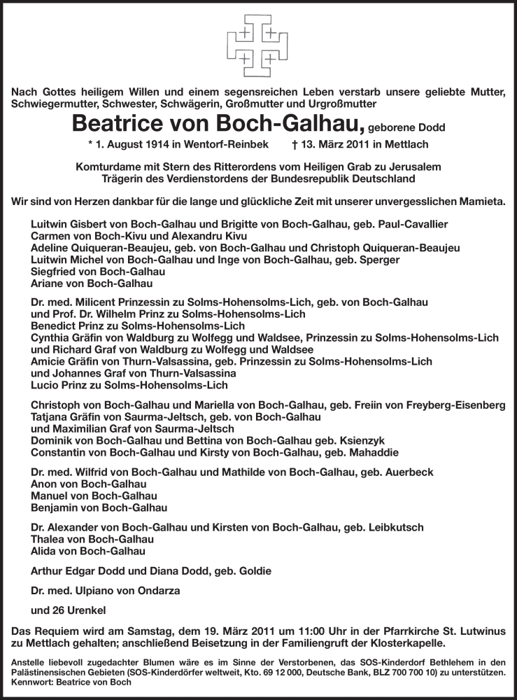  Traueranzeige für Beatrice von Boch-Galhau vom 16.03.2011 aus SAARBRÜCKER ZEITUNG
