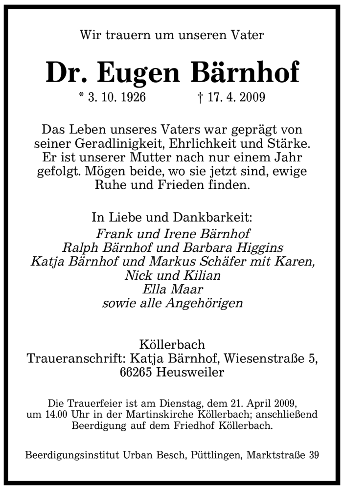  Traueranzeige für Eugen Bärnhof vom 18.04.2009 aus SAARBRÜCKER ZEITUNG