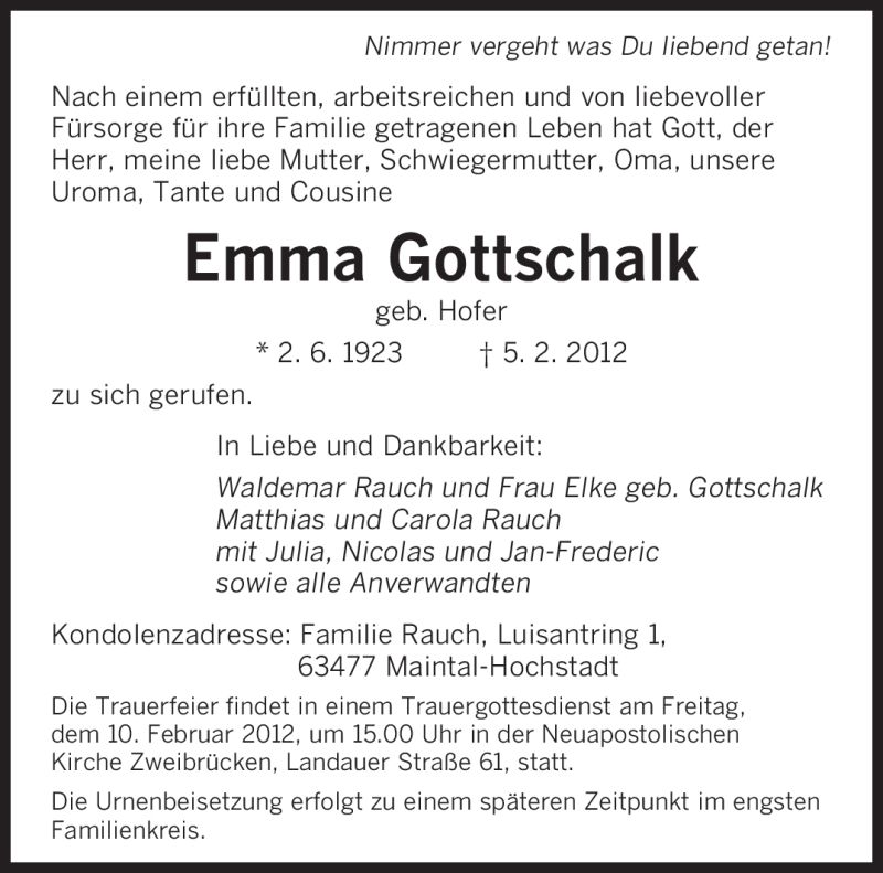  Traueranzeige für Emma Gottschalk vom 08.02.2012 aus SAARBRÜCKER ZEITUNG