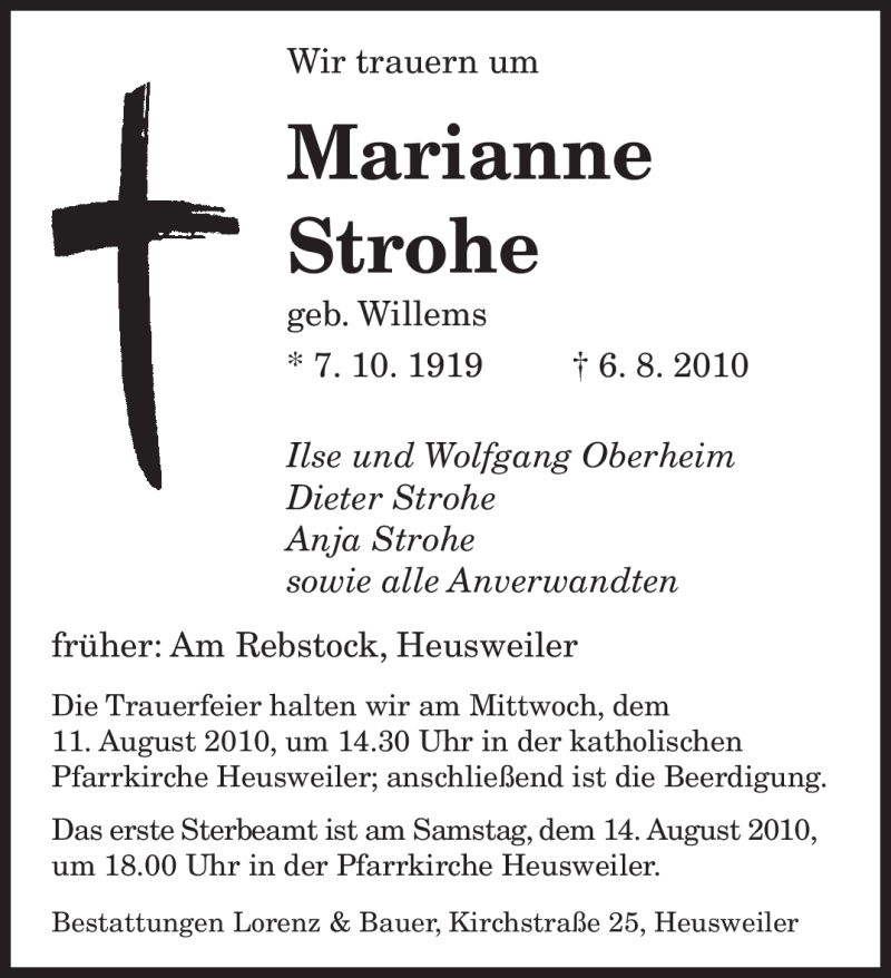  Traueranzeige für Marianne Strohe vom 09.08.2010 aus SAARBRÜCKER ZEITUNG