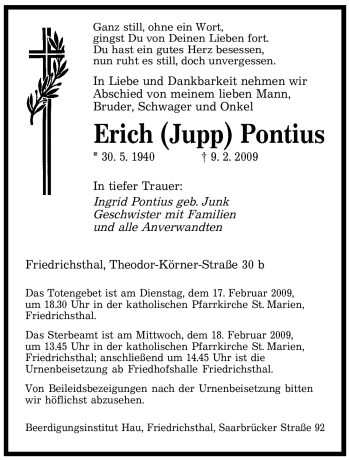 Traueranzeige von Erich Pontius von SAARBRÜCKER ZEITUNG