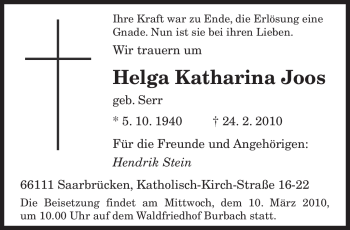 Traueranzeige von Helga Katharina Joos von SAARBRÜCKER ZEITUNG