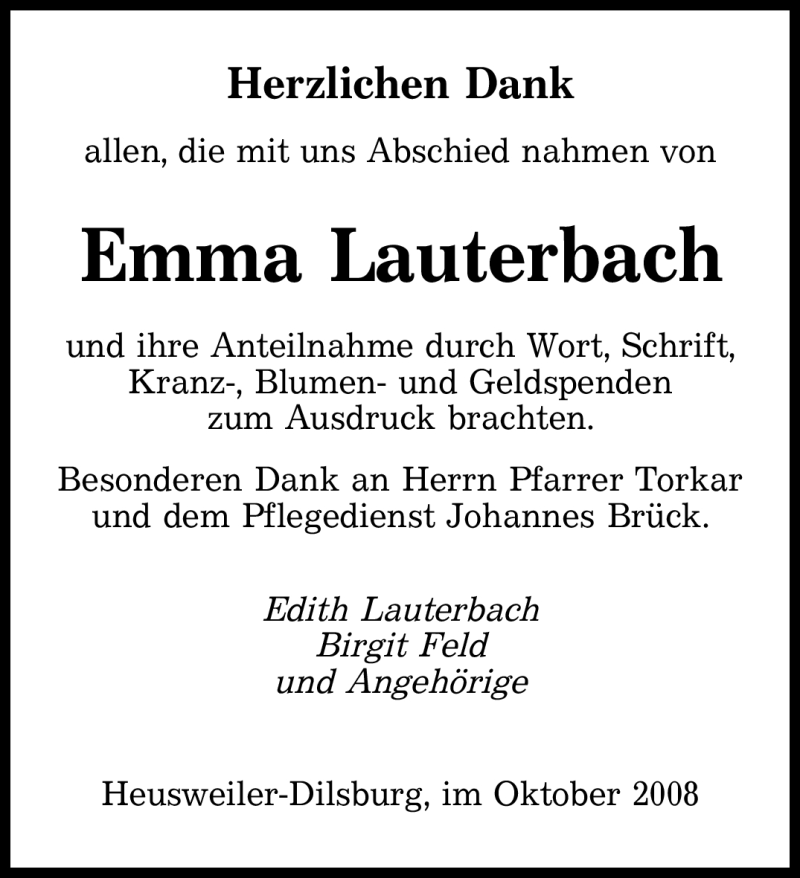  Traueranzeige für Emma Lauterbach vom 11.10.2008 aus SAARBRÜCKER ZEITUNG