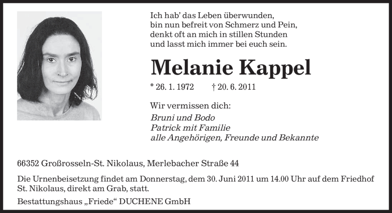  Traueranzeige für Melanie Kappel vom 25.06.2011 aus SAARBRÜCKER ZEITUNG