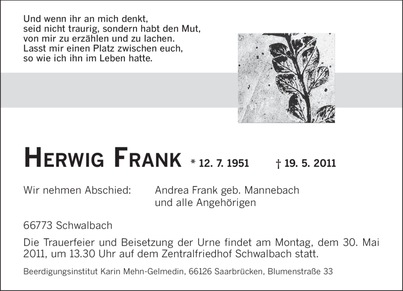  Traueranzeige für Herwig Frank vom 25.05.2011 aus SAARBRÜCKER ZEITUNG