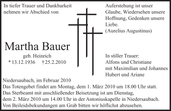 Traueranzeige von Martha Bauer von SAARBRÜCKER ZEITUNG