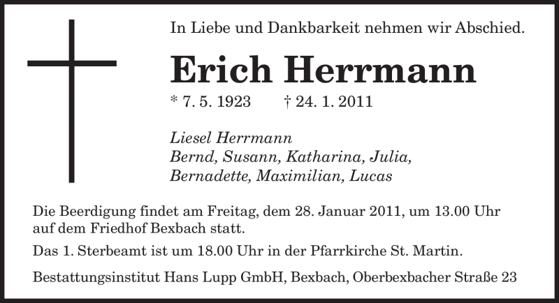  Traueranzeige für Erich Herrmann vom 26.01.2011 aus SAARBRÜCKER ZEITUNG