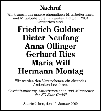 Traueranzeige von Hermann Montag von SAARBRÜCKER ZEITUNG